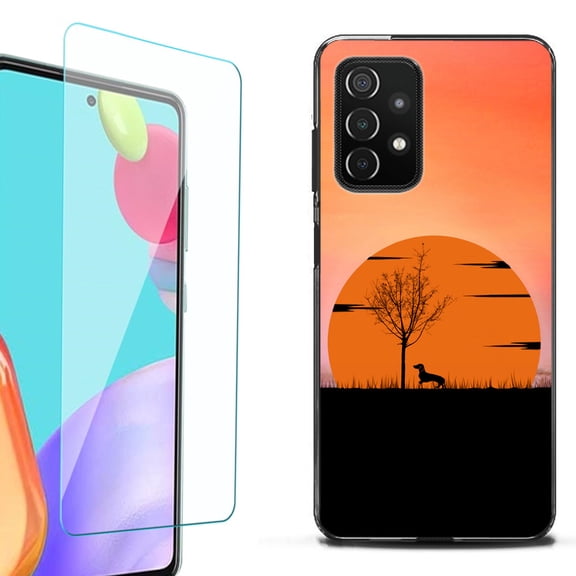 Slim-Fit Flexible TPU Gel Phone Case (black) for Samsung Galaxy A52 5G, with Tempered Glass Screen Protector, by OneToughShield ® - Sunset Dachshund