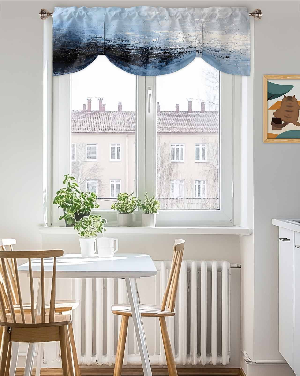 Abstract White Ombre Blue Tie Up Valances Curtain, Oil Painting Ombre Modern Kitchen Valances for Windows Decor, Rod Pocket Short Curtains Set for Bedroom/Bathroom, 60"x18"