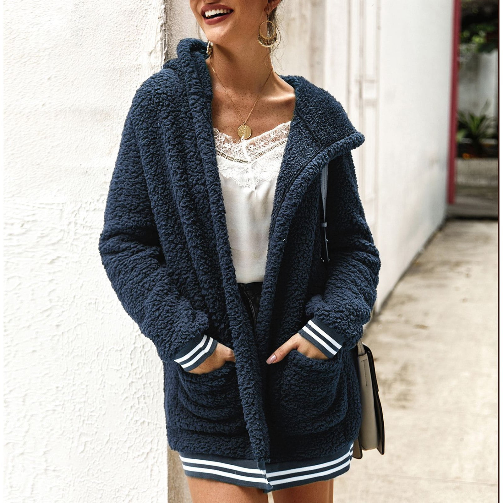 Women Long Sleeve Fuzzy Jacket Winter Long Pocket Design Women Hooded Warm Coat for Party Casual Shopping Royalblue XXL