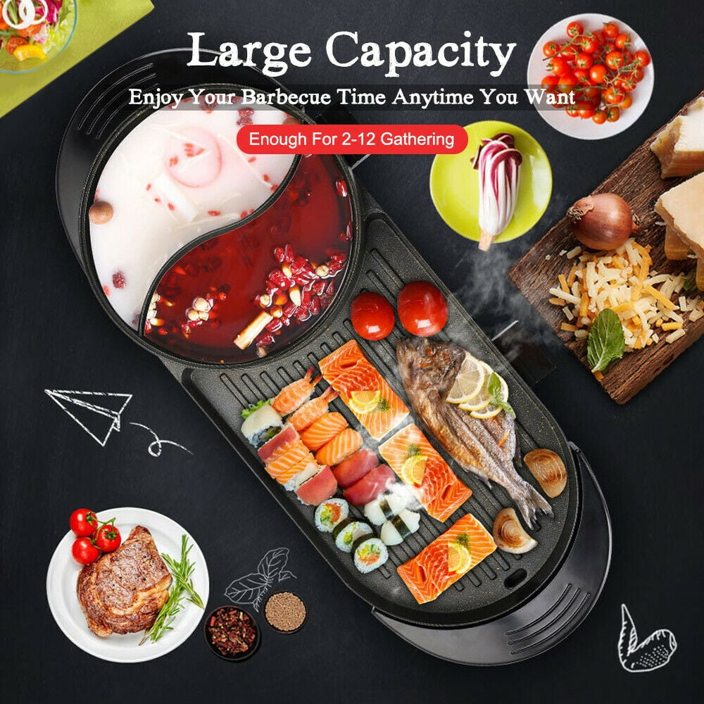 2 in 1 Electric Hot Pot Grill Teppanyaki Non-Stick Smokeless Barbecue Pan Grill 1100W Electric Smokeless Grill and Hot Pot BBQ Grill Soup Shabu Pot