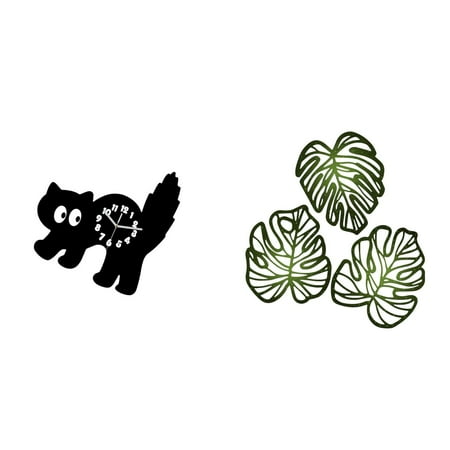 4 Pieces Wall Clock Cat Wall Clock Palm Leaves Wood Wall Decor Silent Acrylic Material for Living Room Bedroom Kitchen