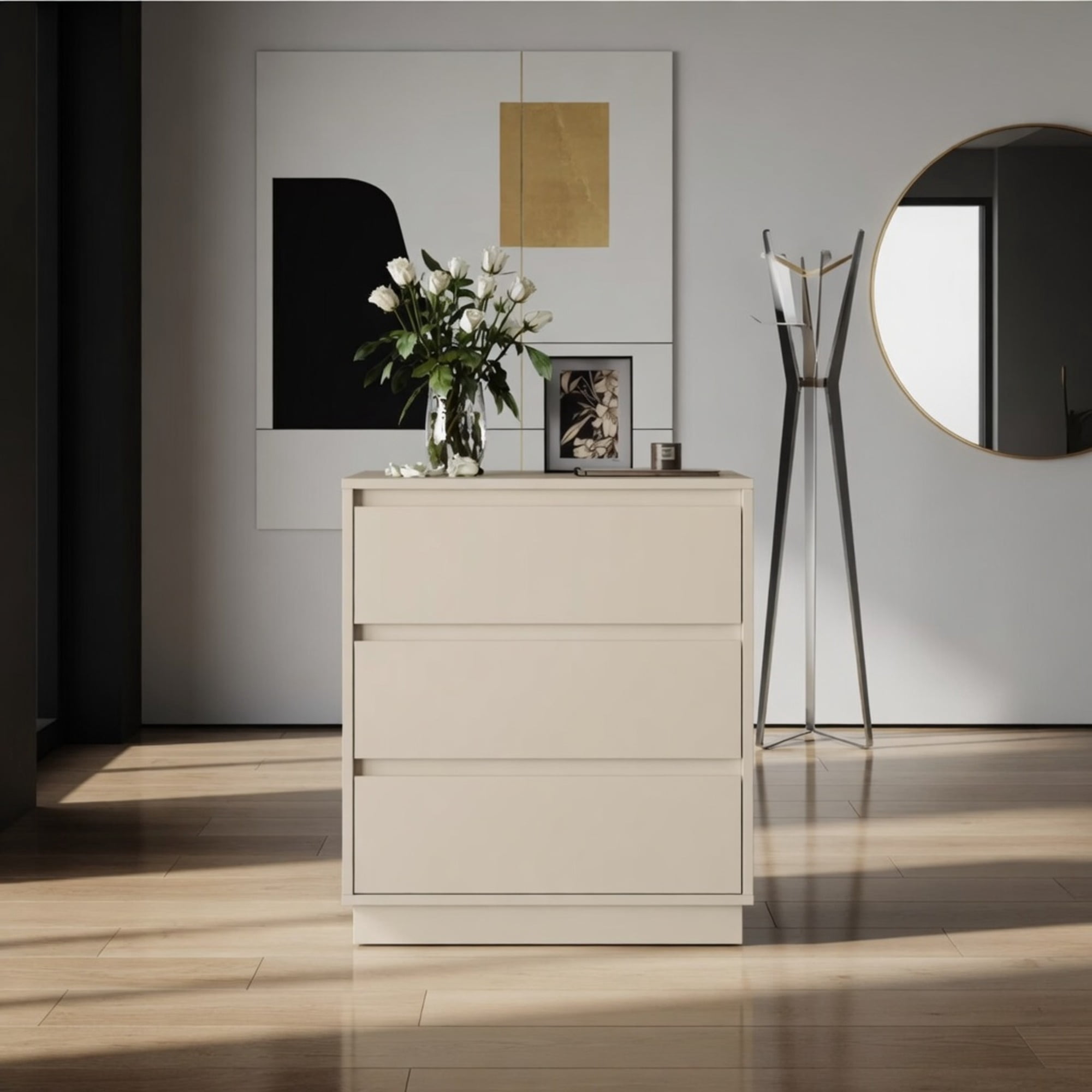 3-Drawer Nightstand, Handle-Free Modern Bedside Table with Soft Close Drawers, Water Resistant P2 MDF Storage Side Cabinet for Bedroom Small Apartment