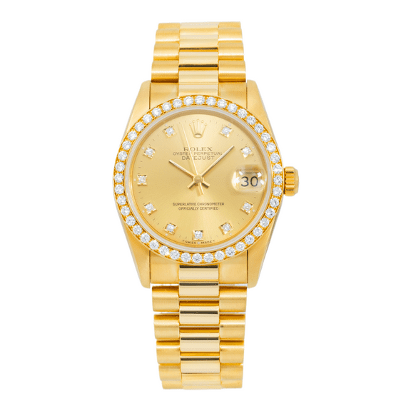 Pre-Owned Rolex Datejust 68288 31MM Champagne Diamond Dial And Bezel With Yellow Gold Presidential Bracelet