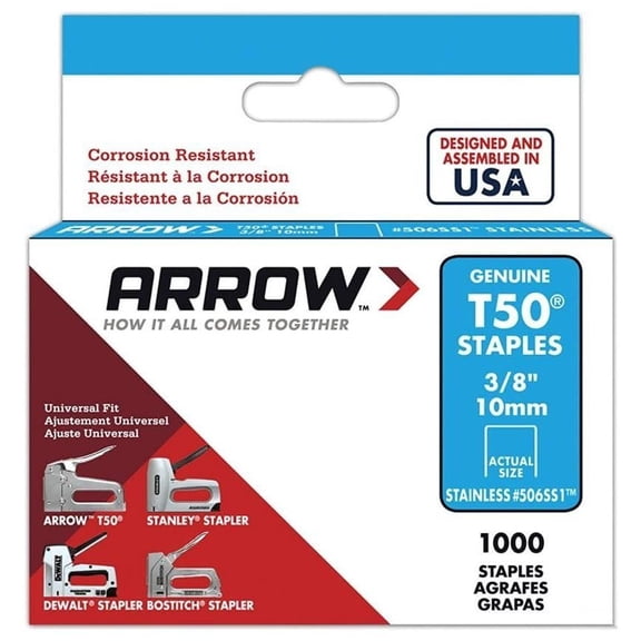 5 Pack Arrow Fastener 506SS1 T50 3/8" Flat Crown Heavy Duty Stainless Steel Staples 1000 per Package