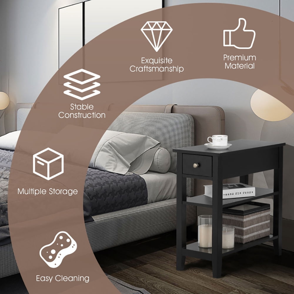 Finihen End Side Table, Rectangular Nightstand, 3-Tier Nightstand Bedside Table Sofa Side with Double Shelves Drawer, for Living Room, Bedroom, Black Finihen End Side Table, Rectangular Nightstand, 3-Tier Nightstand Bedside Table Sofa Side with Double Shelves Drawer, for Living Room, Bedroom, Black