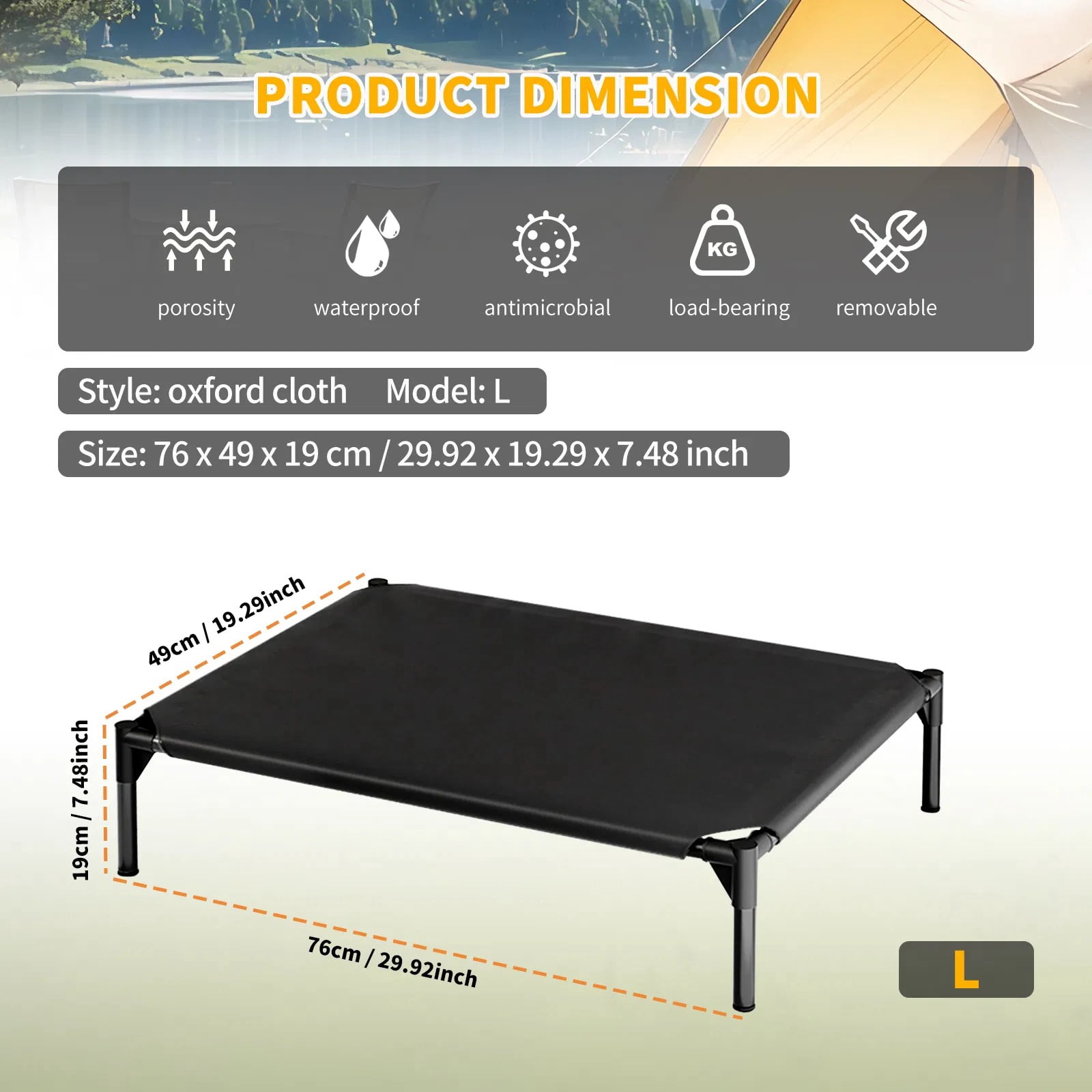 Elevated Breathable Mesh Pet Bed, Size L, Indoor/Outdoor, Black, for Small to Medium Pets