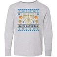 thumbnail image 3 of Inktastic Happy Hanukkah Sweater Style Design with Menorah and Dreidel Long Sleeve Youth T-Shirt, 3 of 5