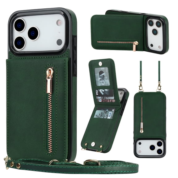 Crossbody Wallet Case for iPhone 17 Pro Max with Card Holders RFID Shockproof Cover, Back Magnetic Flip Kickstand Zipper Slot Case, PU Leather Cover Handbag Shoulder Strap Phone Case,Green