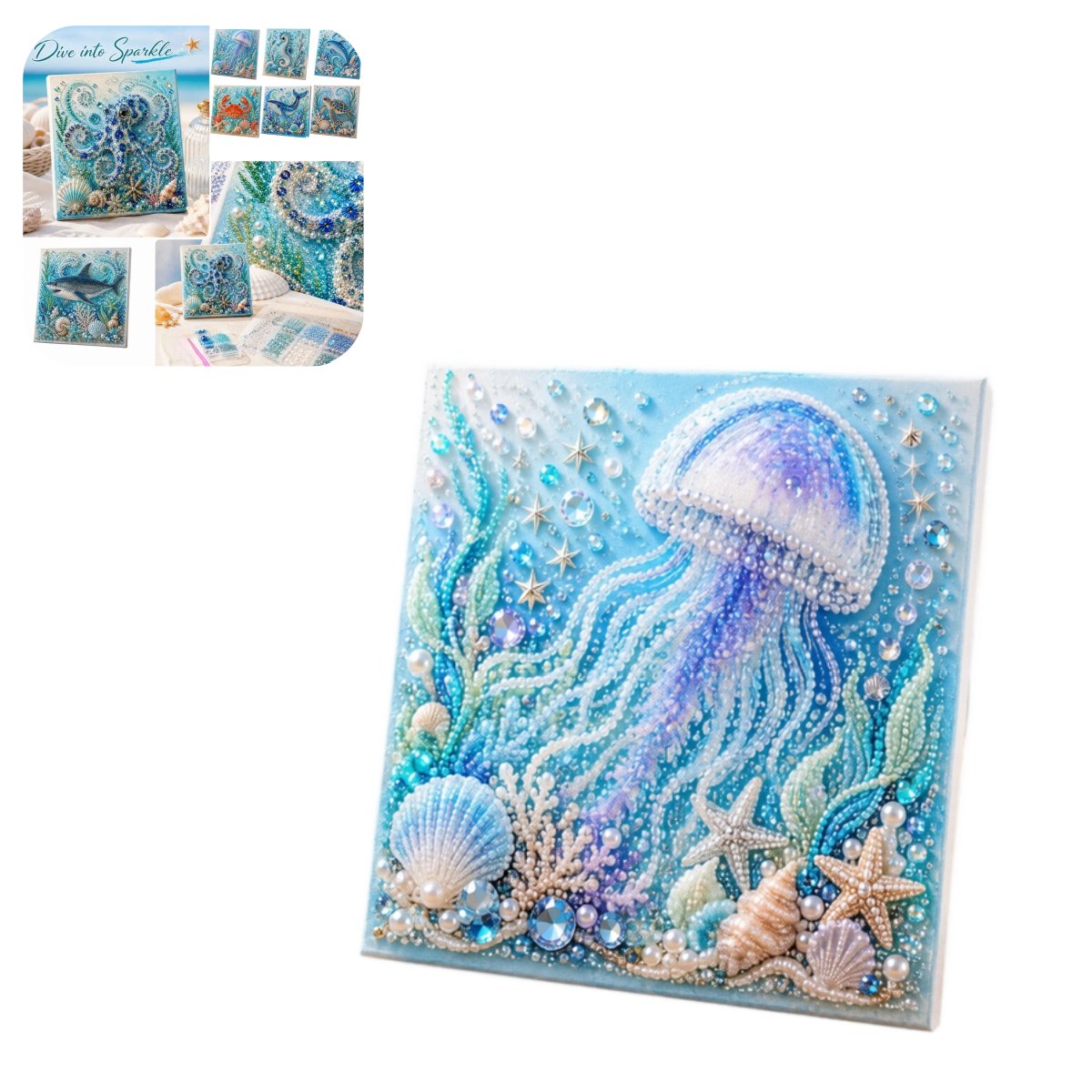 Ocean Theme Pearl Bead Art DIY Kit Marine Animal Rhinestone Painting Craft Set Sparkle Diamond Art Kit for Adults Kids Home Wall Decor B