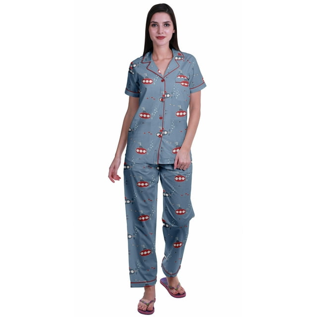 Moomaya Ensemble de Pyjama en Coton Imprimé à Col Cranté, Boutonné, pour Femmes, Tenue de Nuit