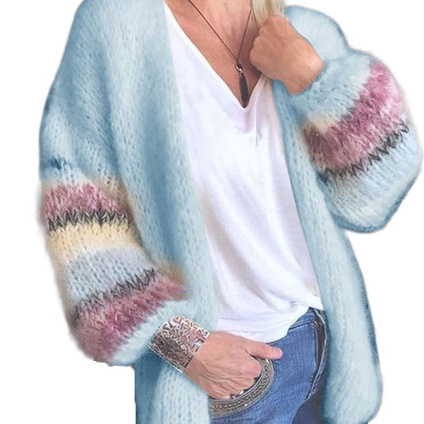 Cárdigan de mohair de rayas de colores llamativos para otoño e invierno, chaqueta de punto de Europa y Estados Unidos, cárdigan de mujer