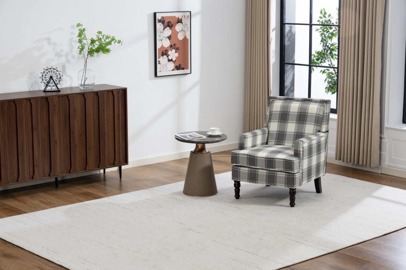 Upholstered Accent Chair with Nailhead Trim, Vintage Striped Linen Armchair, High-Density Foam Reading Chair with Solid Wood Legs for Living Room, Bedroom, Home Office, Antique Grey