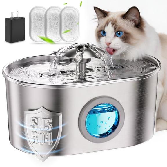 FURCLAN Cat Water Fountain Stainless Steel, 74oz 2.2L Pet Water Dispenser with LED Light, Visible Water Window, 3 Filters for Cats and Pets