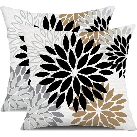 Black Brown Outdoor Pillow Covers 18x18 Inch Set of 2 White Gray Flower Throw Pillows Farmhouse Outdoor Modern Floral Polyester Square Cushion Case Decor for Patio Funiture Garden 002B
