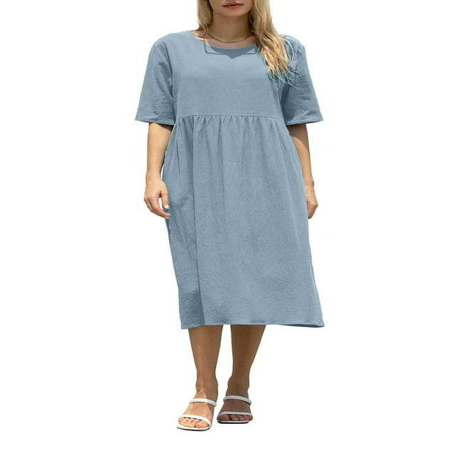 Femmes Robe à Manches Courtes Coton Lin Solide Décontracté en Vrac A-Ligne Partie Robe de Plage