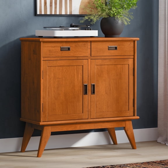 Simpli Home Draper 36 inch Wide Solid Wood Mid Century Modern Entryway Storage Cabinet in Teak Brown