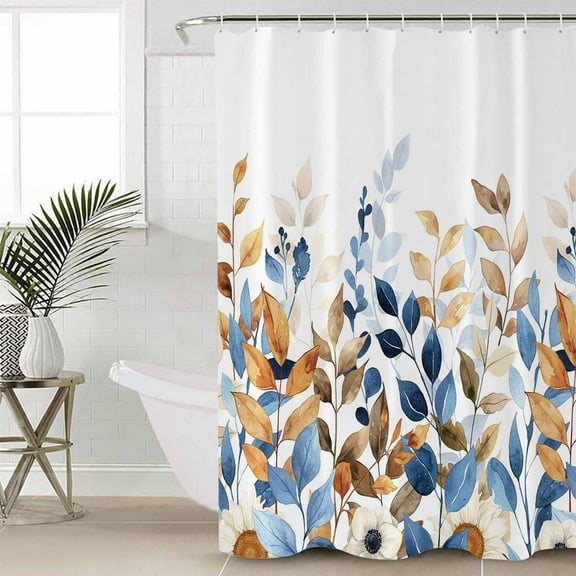Orange Blue Botanical Waterproof Fabric Shower Curtain, Fall Eucalyptus Leaves Shower Curtain for Bathroom Curtains Bathtubs Hotel Washable Shower Curtains with 12 Hooks Standard 66x72