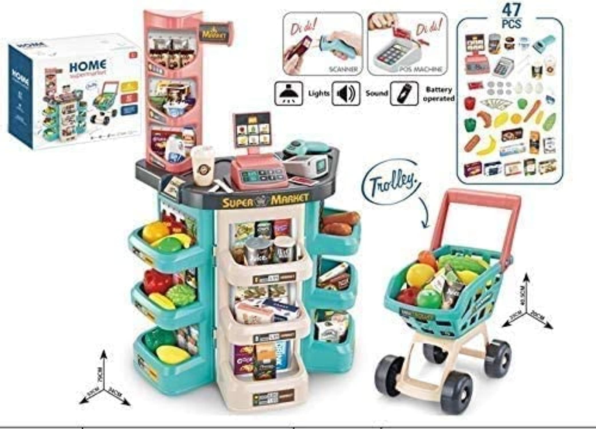 Supermarket Play Pretend Grocery Role-Playing Toys for Children Grocery Store Cashier Play Set for Kids Scanner & Credit Card Machine for Toddlers Grocery Store Playset with Shopping Cart 