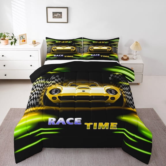 Erosebridal Fast Car Bedding Twin Comforter Set,Yellow Green Down Comforter,Car Theme Bedding Sets Twin with Comforter,Microfiber Geometric Room Decorative,Reversible,3pcs