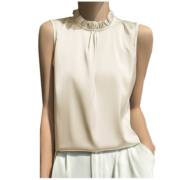 APEXFWDT Women's Silk-Cool Tank Top Sleeveless Ruffle Collar Solid Camisole Lightweight Inner Wear for Summer & Daily Layering,XXL,Beige