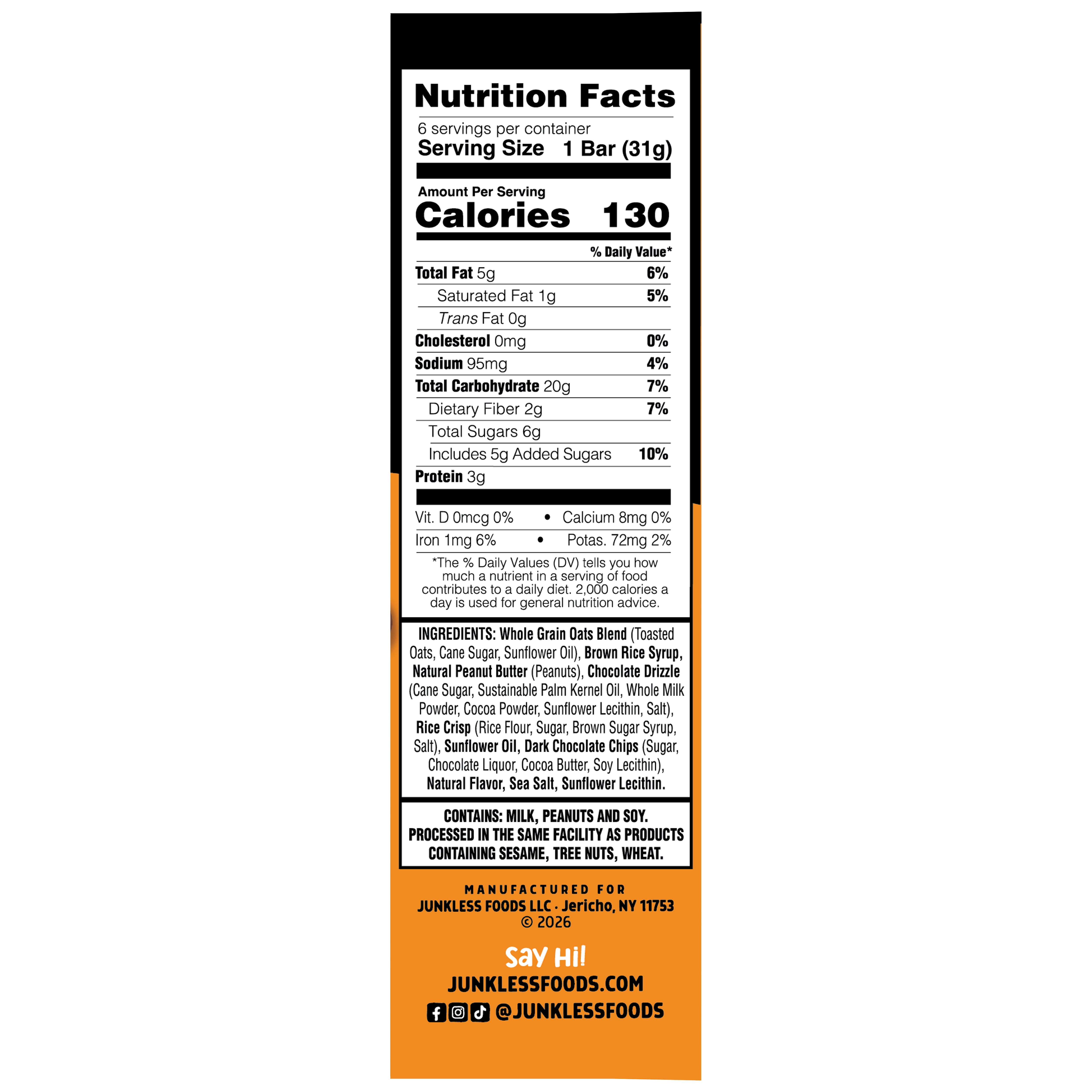 (8 pack) JUNKLESS Chewy Granola Bars, Peanut Butter Chocolate Chip, Less Sugar, Gluten Free, Non-GMO, 1.1 oz, 6 Count