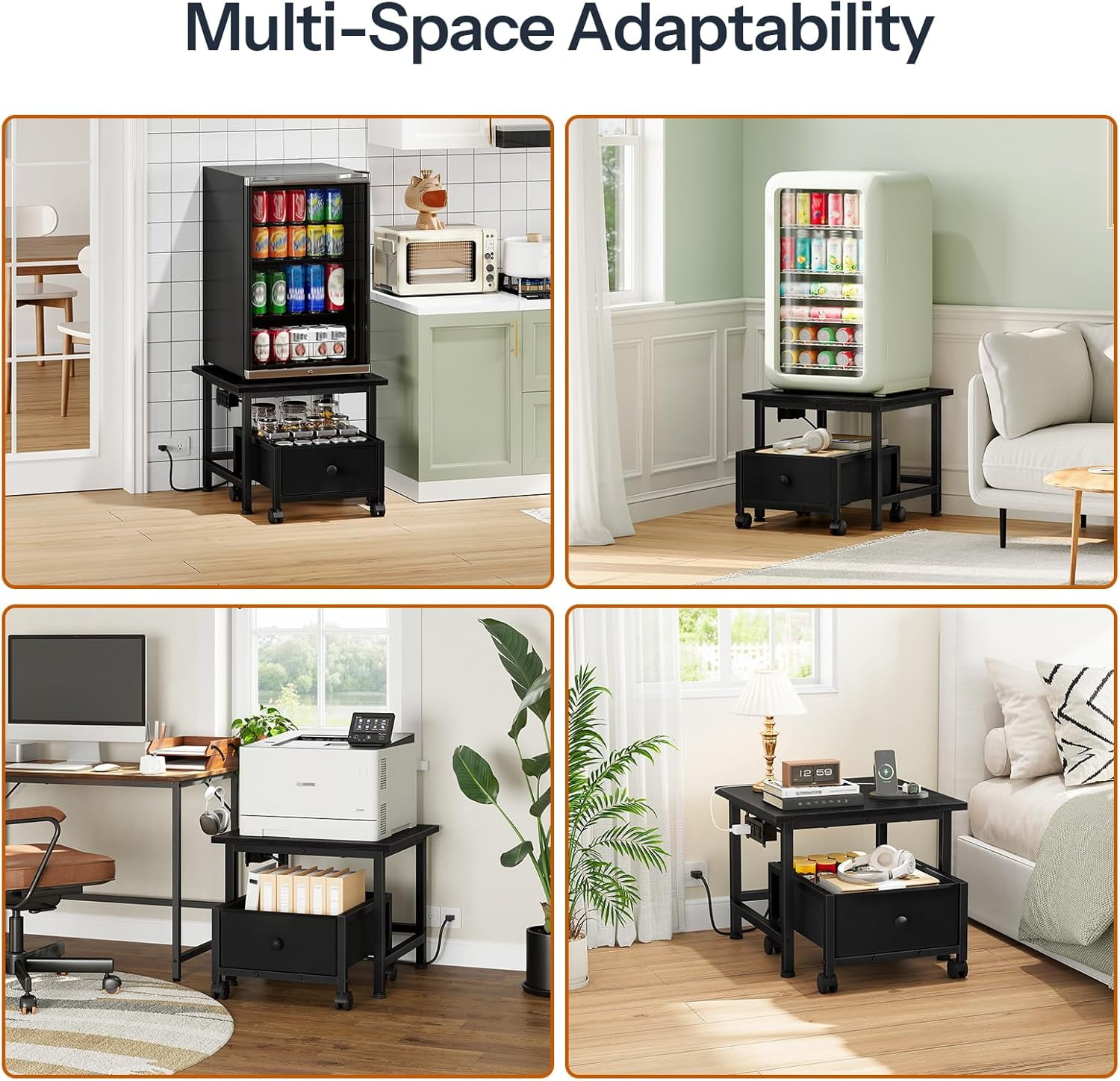 Mini Fridge Stand with Non-Woven Storage Basket and Power Outlet, Mobile Fridge Shelf for Home Apartment Dorm Black