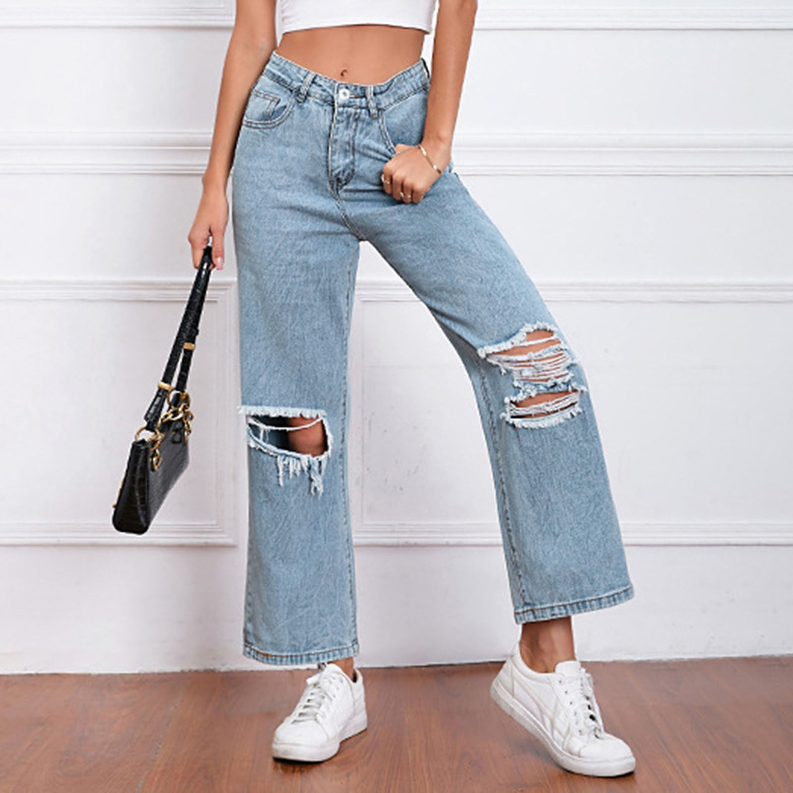 Aayomet Woman Pants Size 14 Women Stretchy High Waisted Straight Leg Ripped  Boyfriend Jeans Frayed Ankle Denim Pants,A S