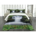 thumbnail image 3 of Ambesonne Nature Quilted Bedspread Set 3 Pcs, Trees Flowers Waterfall, Queen Size, Green White, 3 of 5