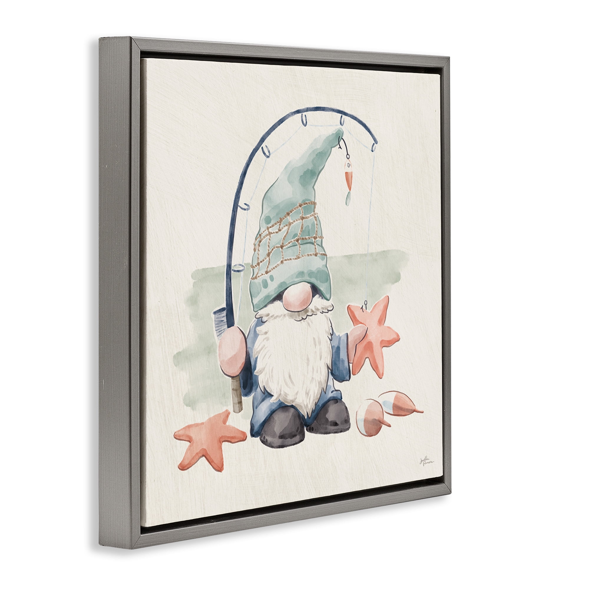 Stupell Industries Summer Beach Fishing Gnome Nature Painting Gray Floater Framed Canvas Art Print Wall Art, 25 x 25