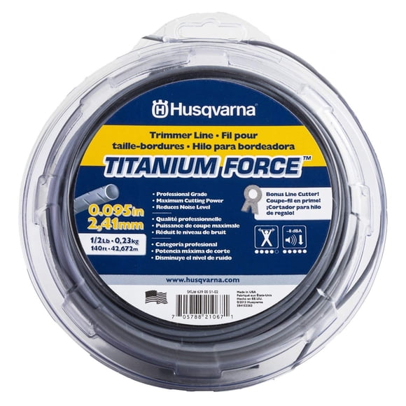 Línea cortadora de cuerdas Husqvarna Titanium Force de 0.095 pulgadas y 140 pies, línea herbívora de copolímero de grado profesional con cortador, 639005102