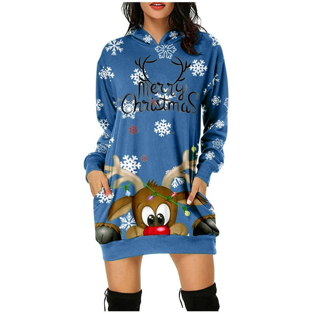 Robe Maxi à Manches Longues Imprimée de Noël pour Femmes avec Col en V, Chandail à Capuche avec Poches, Robe d'Été