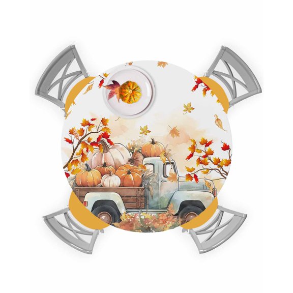 Round Fitted Tablecloths Thanksgiving Farm Truck with Pumpkin Waterproof Table Cover for Kitchen Dining Party Decor Autumn Maple Leaves Tree,36"-44"