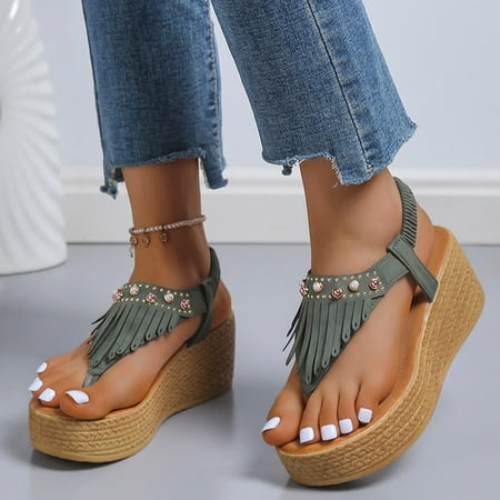 

Fanxing Summer Sandals for Women Chuny Wedge Sandals Vintage Casual Bohemia Tassel Platform Sandals Elastic Ankle Strap