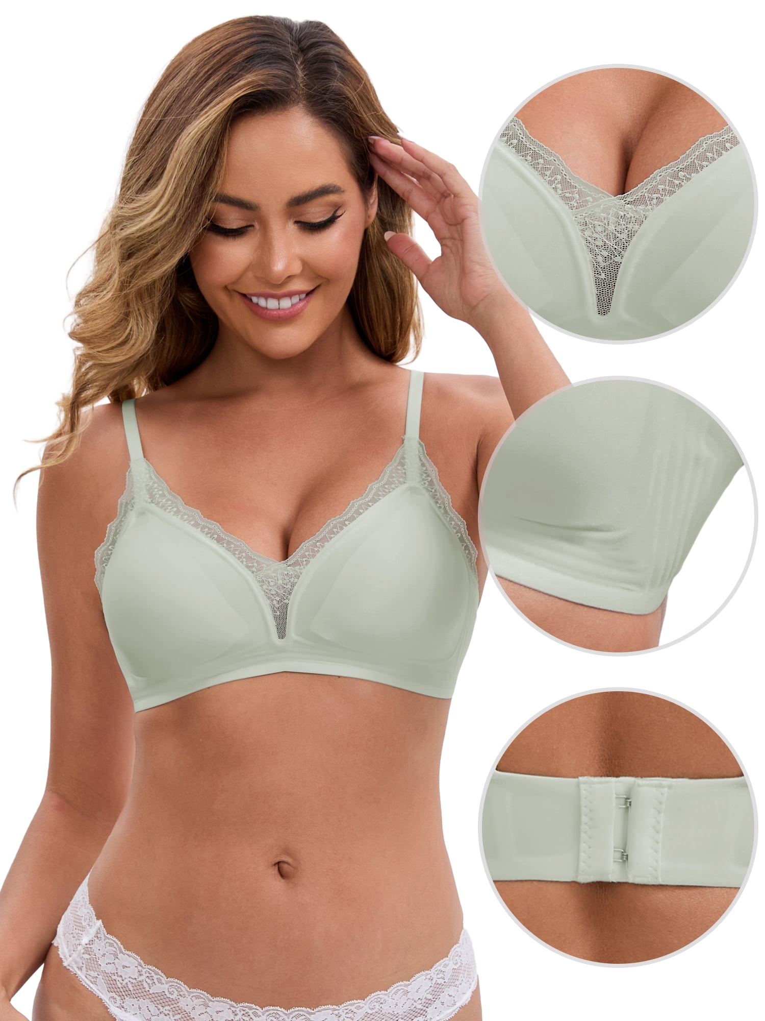 DARING DIVA Lace Trim Plunge Wireless Push Up Bra L Light green