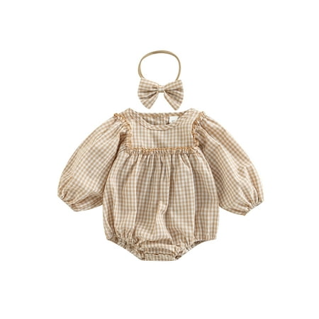 

Binwwede Infant Baby Girls Romper Plaid Round Neck Lantern Long Sleeve Jumpsuits Autumn Casual One-Piece Clothes with Headband