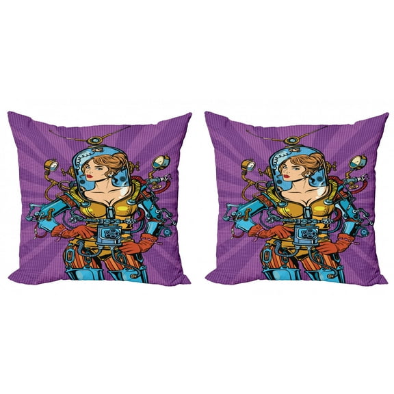 Ambesonne Fantasy Throw Pillow Cover 2 Pack, Futuristic Sci-Fi Woman, 20", Purple Sky Blue Marigold