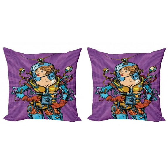 Ambesonne Fantasy Throw Pillow Cover 2 Pack, Futuristic Sci-Fi Woman, 20", Purple Sky Blue Marigold