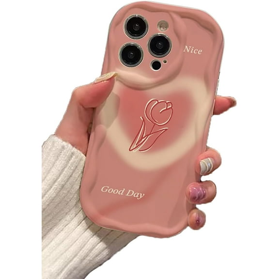 Cute Love Heart Tulip Flower Wavy Frame Phone Case Compatible with iPhone Case (Pink,iPhone 14)