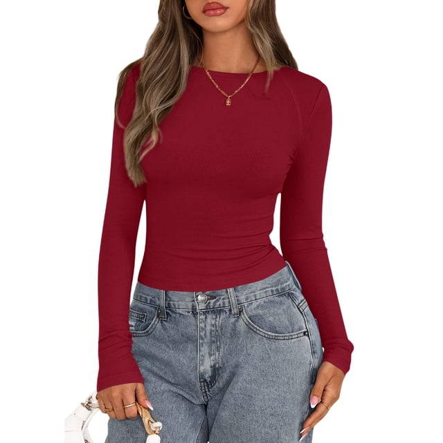 Remera PRETTYGARDEN de Manga Larga Ajustada con Canalé Roja Talle L
