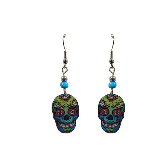 Day of the Dead Sugar Skull Holiday Graphic Dangle Earrings - Womens Fashion Handmade Jewelry Themed Accessories