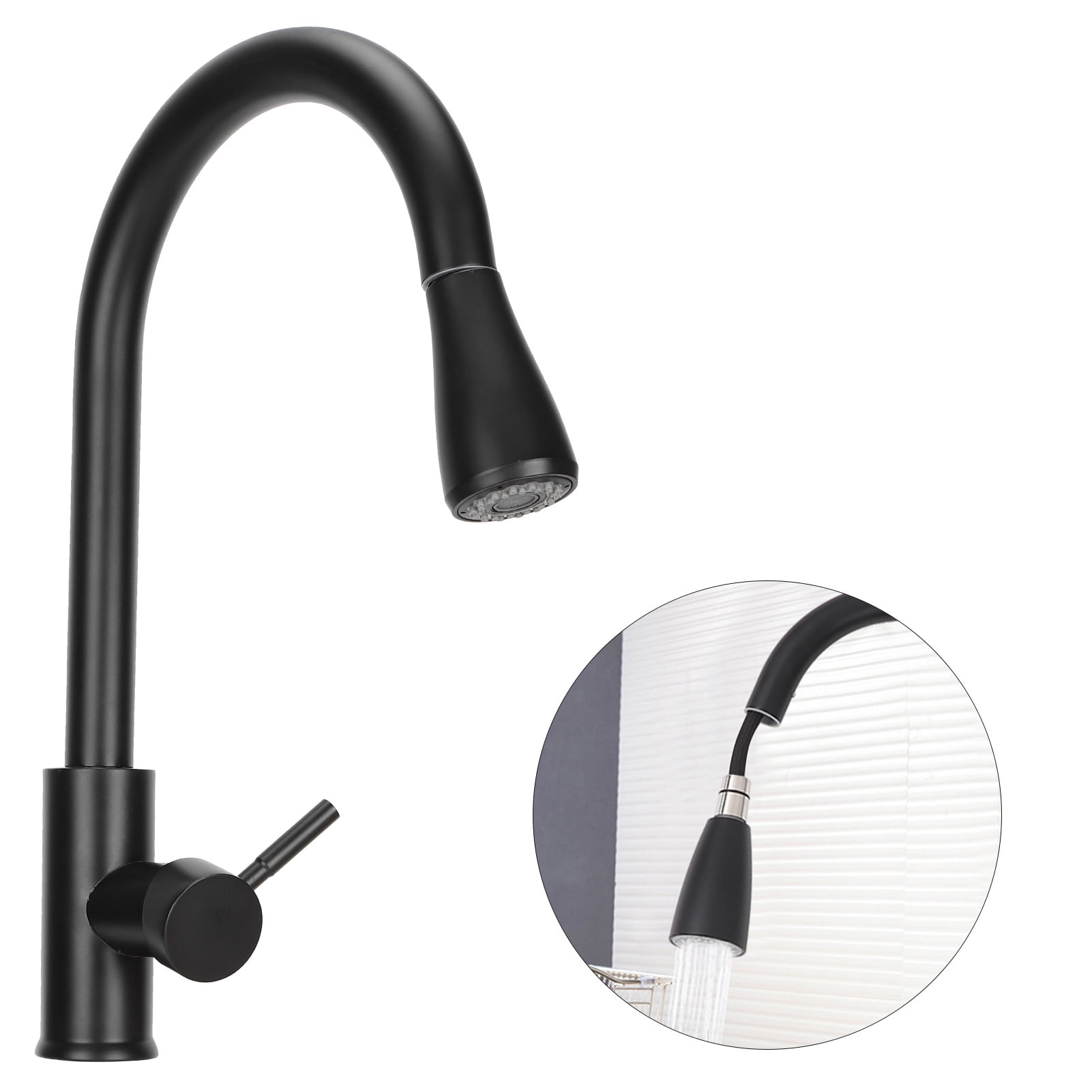 Riousery Pull-Out Kitchen Faucet Modern Stainless Steel Rotating Mixer Water Tap with 2 Gear Modes, Black, 15.7 inches / 40 cm Height, Hot and Cold Sink Faucet