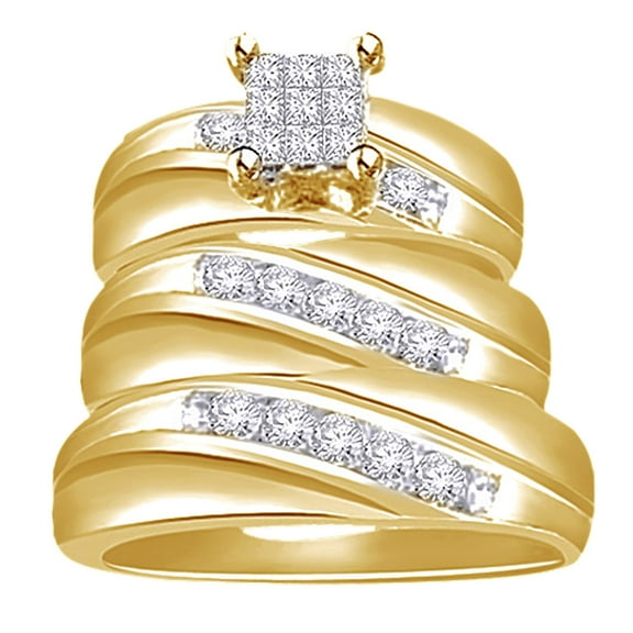 AFFY White Natural Diamond Engagement & Wedding Trio Band Ring Set In 14k Yellow Gold Over Sterling Silver (0.67 Cttw)