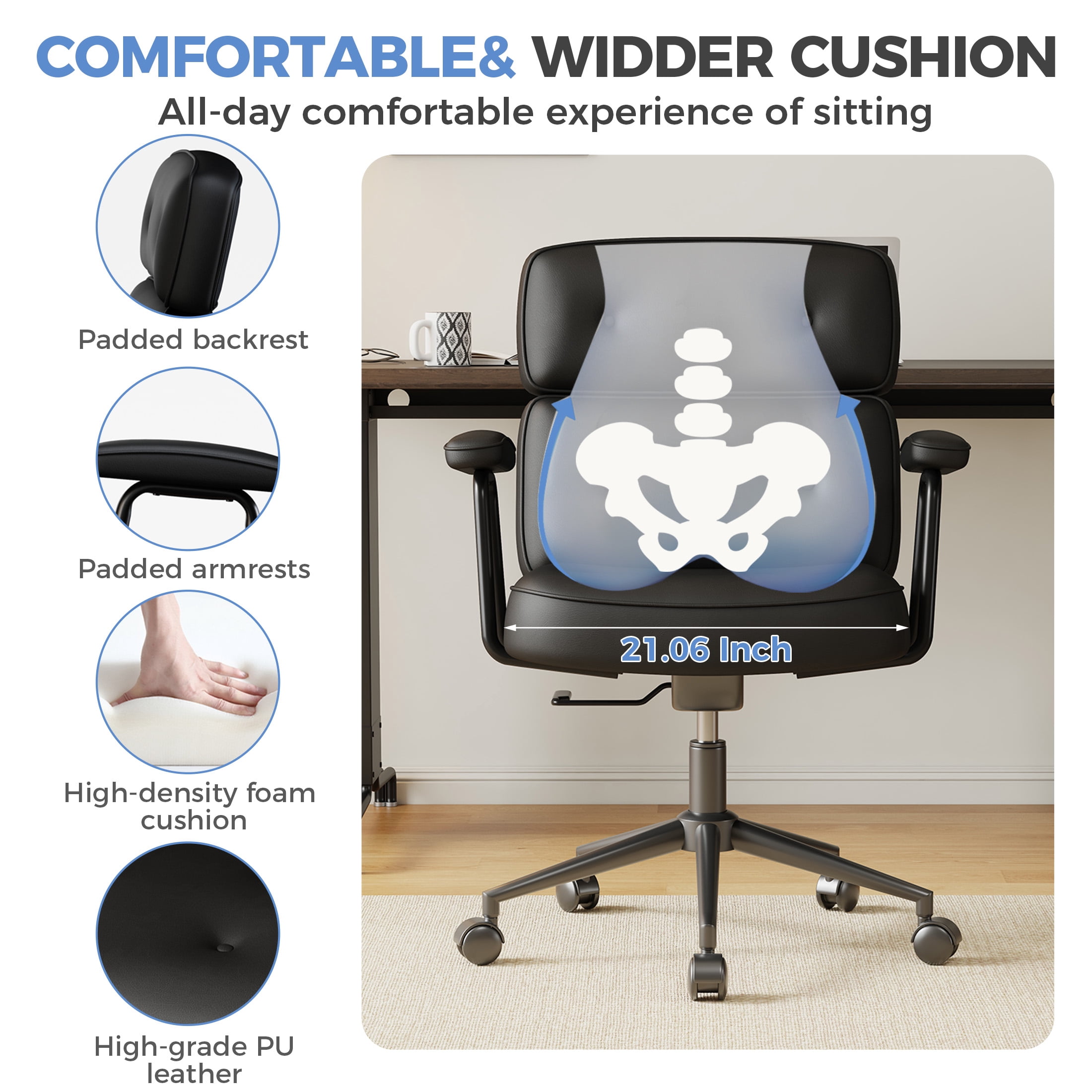 CONCETTA Ergonomic Office Chair, Soft PU Leather Adjustable Task Chair with Lumbar Support and 360° Swivel, Black Gray Green Pink