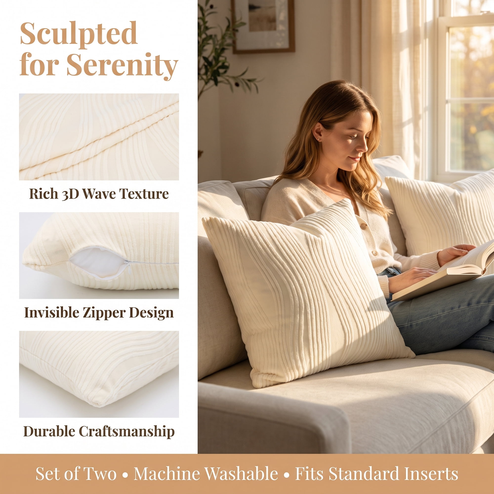 Unique Bargains 2Pcs Wave Textured Throw Pillow Cover Jacquard Cushion Cases Beige 18"x18"