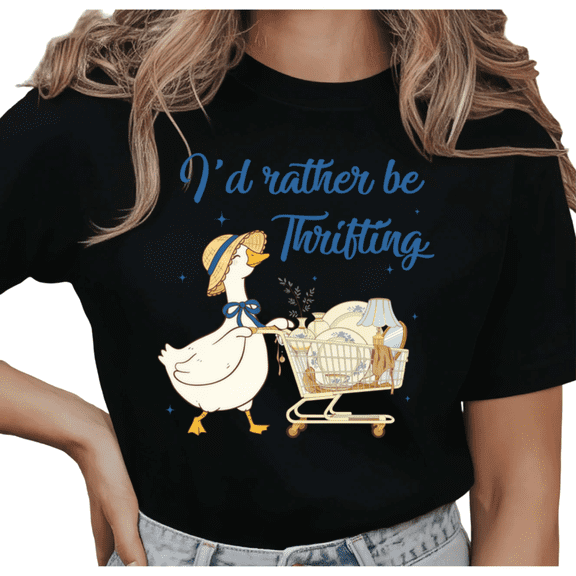 Women's I'd Rather Be Thrifting Cute Shopping Duck Graphic T Shirt Breathable Short Sleeve Round Neck Top Black S-5XL