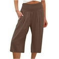 thumbnail image 3 of Dazajoo Womens Wide Leg Linen Capris Elastic High Waisted Cotton Pants with Pockets Loose Lightweight Yoga Capri Pants,Coffee,S, 3 of 6