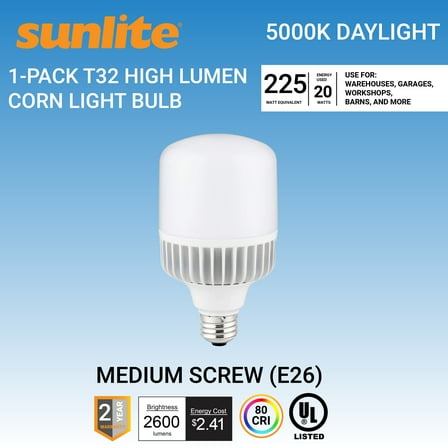 Sunlite LED T32 Corn Bulb 20W (225W Eq), 2600Lm, E26, 5000K, 120-277V, UL Listed, Non-Dim, 1 Pack