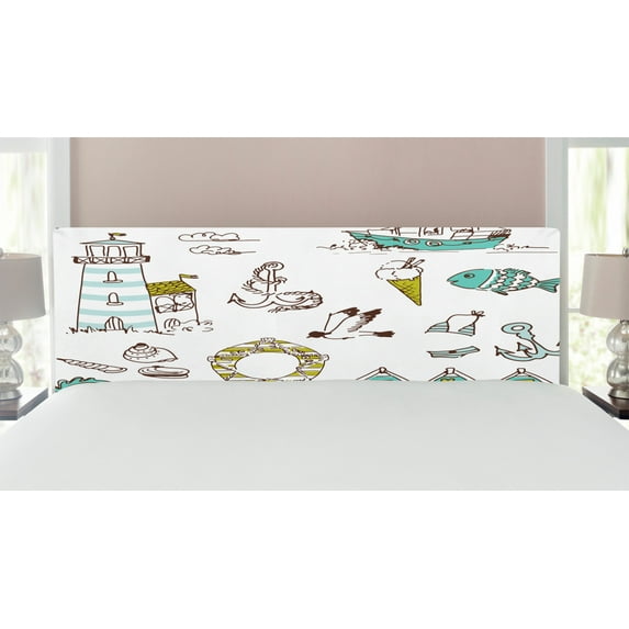 Nautical Headboard, Marine Elements Fish Lighthouse Anchor Vessel Swimsuit Gulls Life Print, Upholstered Decorative Metal Bed Headboard with Memory Foam, King Size, Pale Green Yellow, by Ambesonne