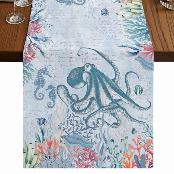 Table Runners 72 Inches Long Dress Scarves, Blue Jellyfish Octopus Farmhouse Kitchen/Dining Table Runner, Coffee Tablerunners, Beach Nautical Ocean Coral Seahorse 14x72 Inch