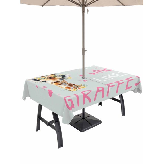Outdoor Tablecloths with Umbrella Hole & Zipper, Grey Pink Giraffe Rectangle Tablecloth 52x70 Inch, Love Heart Spring Floral Botanical Waterproof Table Cloth, Patio/Pool/Picnic Table Covers